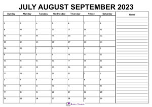 July to September 2023 Calendar With Notes