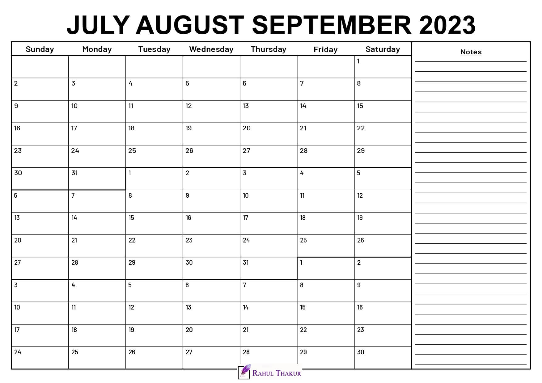 July to September 2023 Calendar With Notes