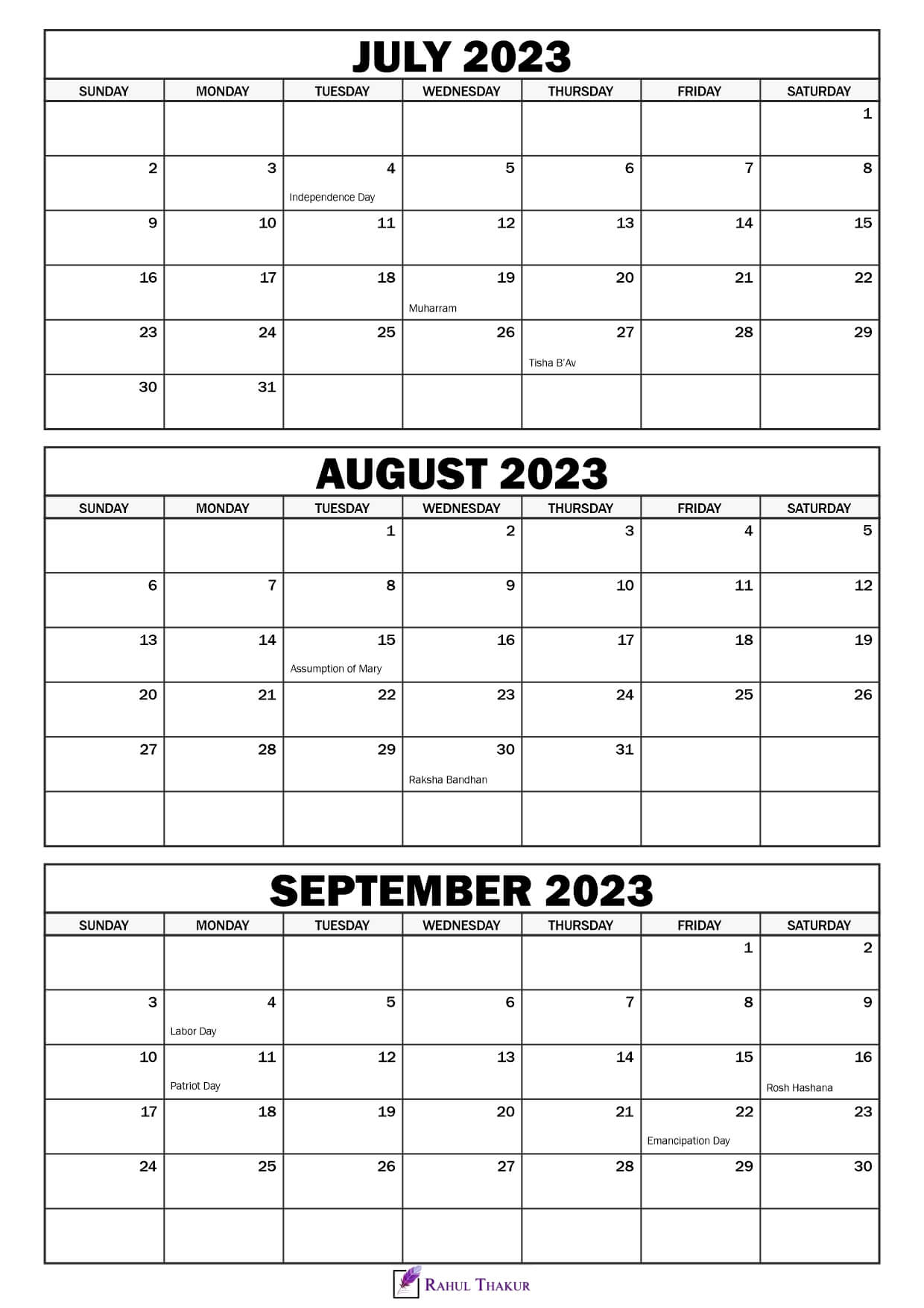 July to September 2023 Calendar with Holidays