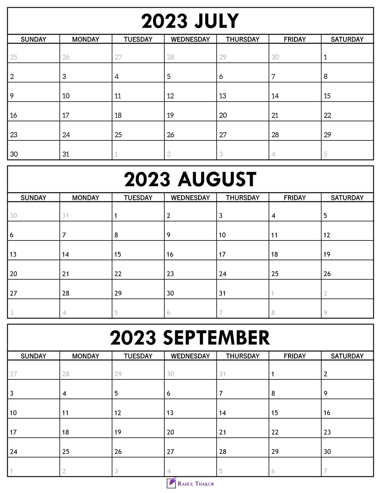 July to September 2023 Calendar