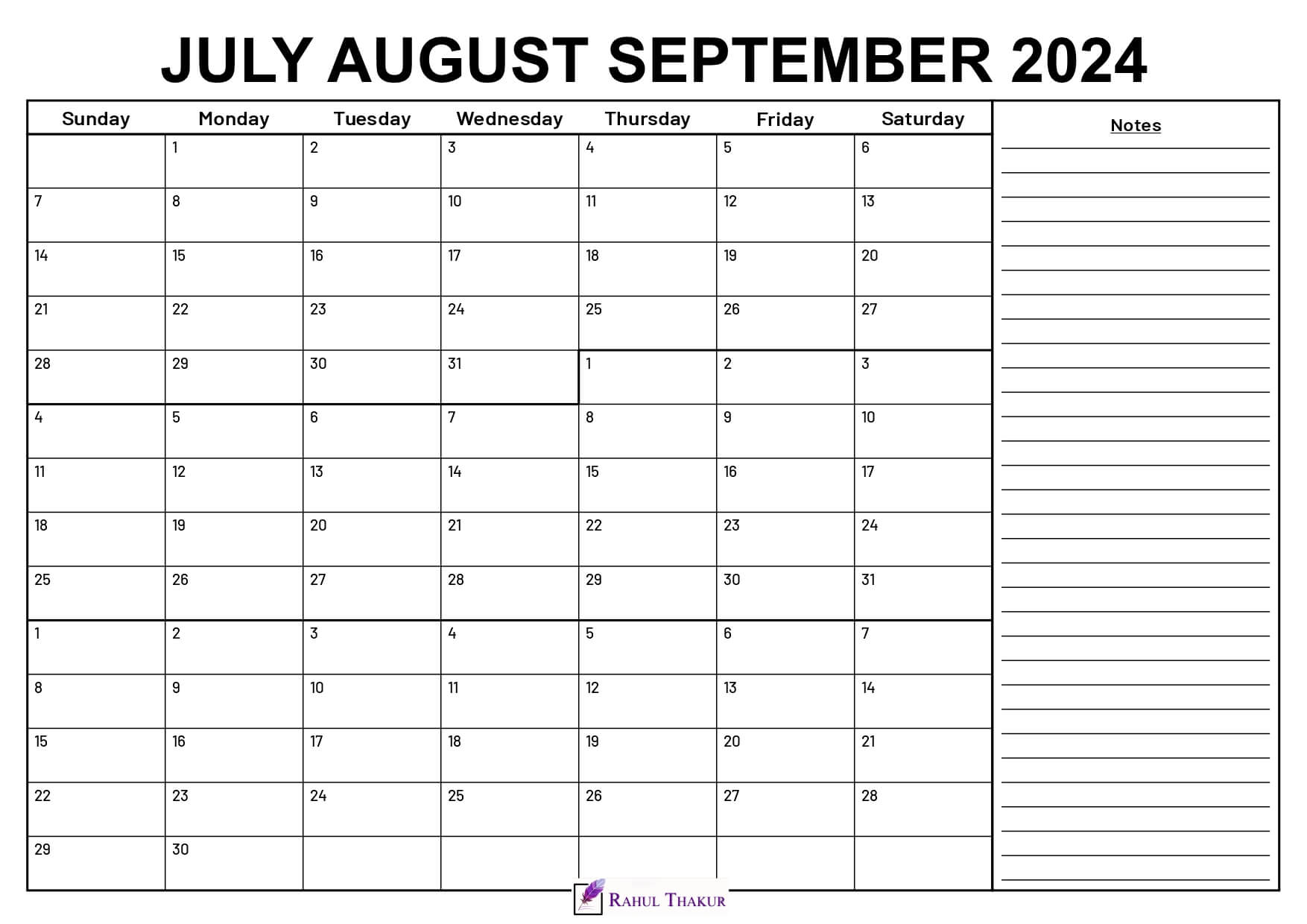 July to September 2024 Calendar With Notes