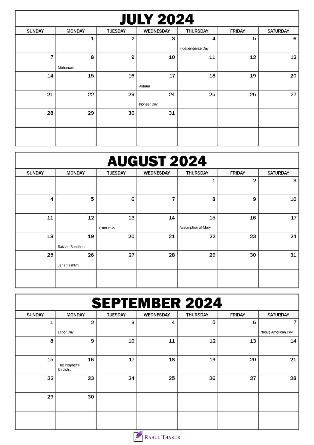 July to September 2024 Calendar with Holidays