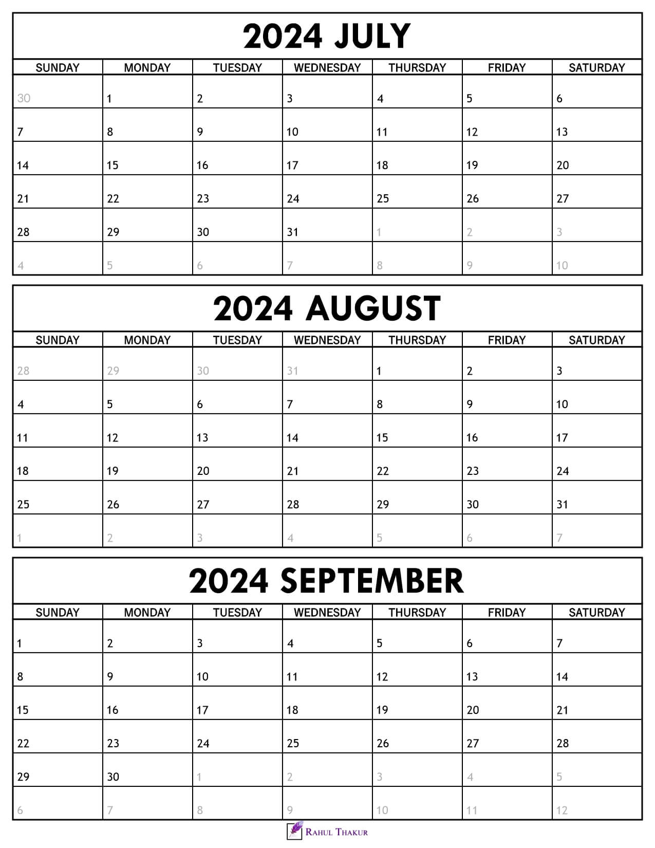 July to September 2024 Calendar