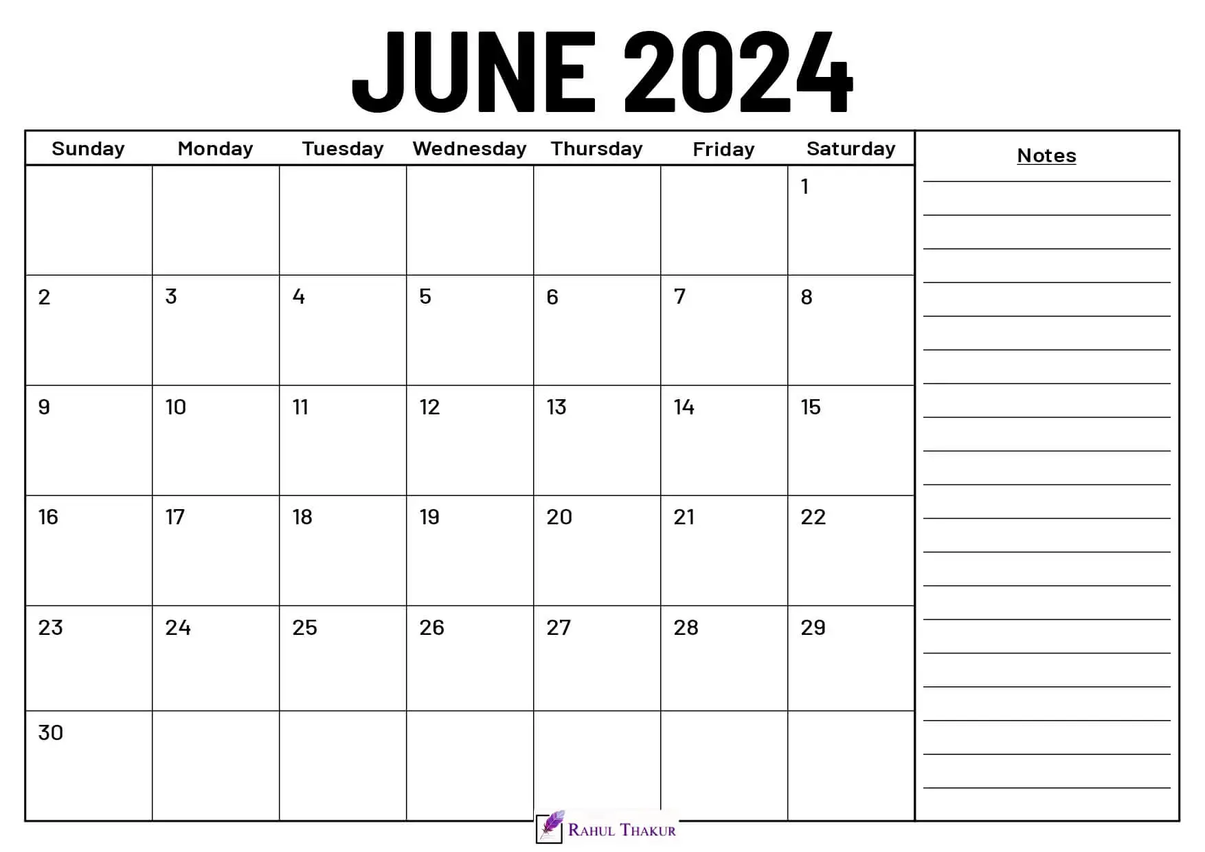 June 2024 Calendar With Notes