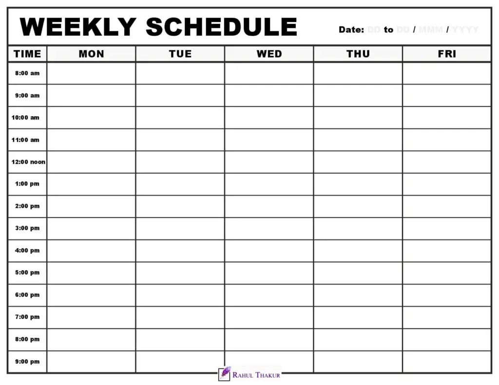 Letter size 5 day Weekly calendar with time column