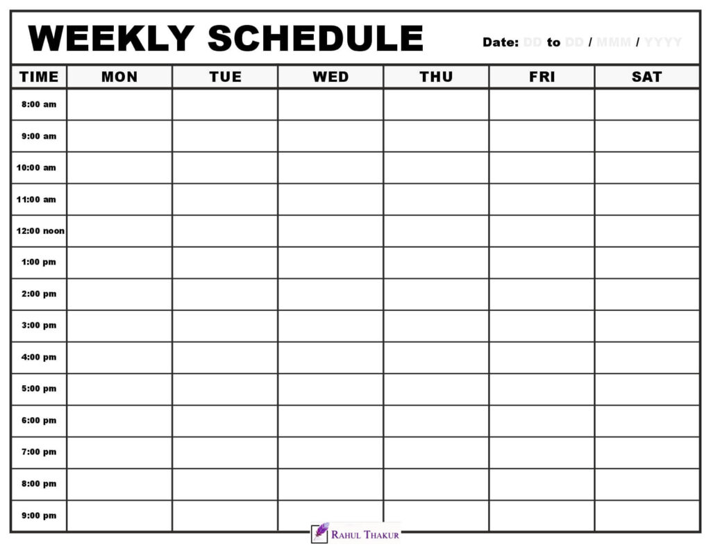 Letter size 6 day Weekly calendar with time column