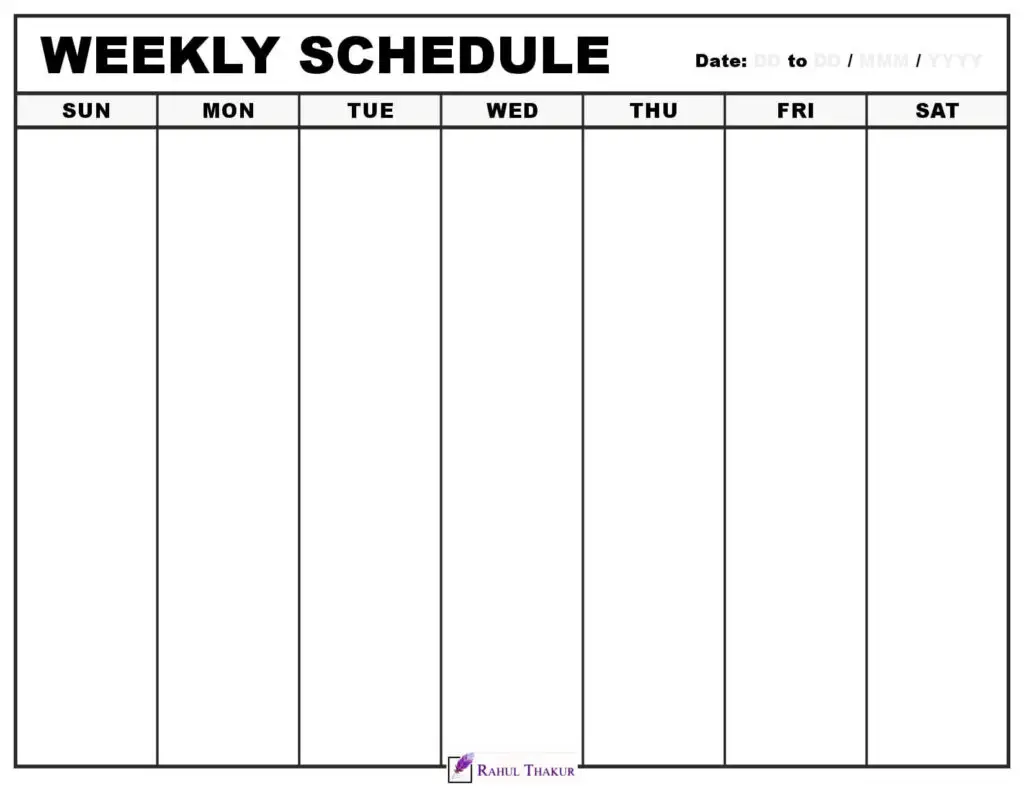 Letter size 7 Day Weekly calendar