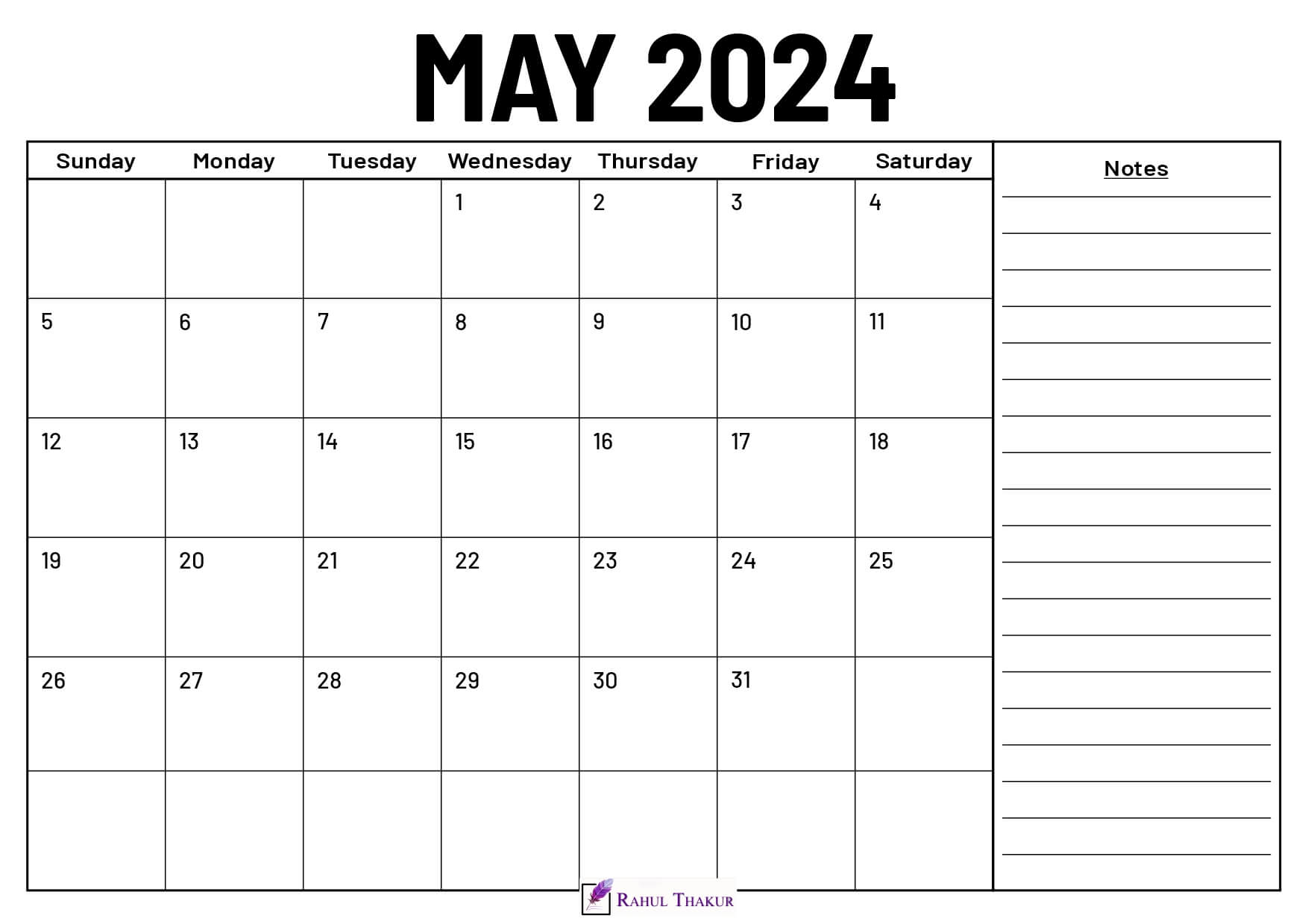 Printable May 2024 Calendar Template - Thakur Writes