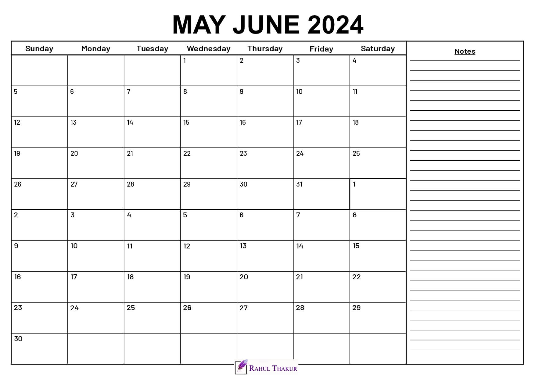 May June 2024 Calendar With Notes