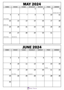 May June 2024 Calendar with Holidays