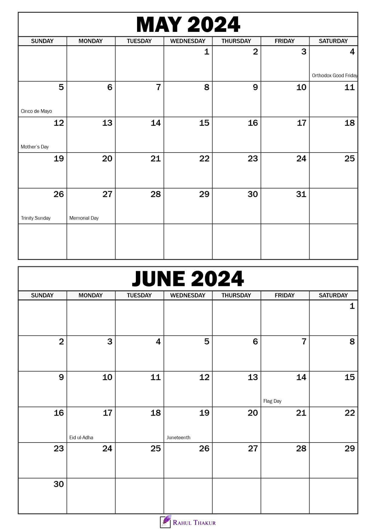 May June 2024 Calendar with Holidays