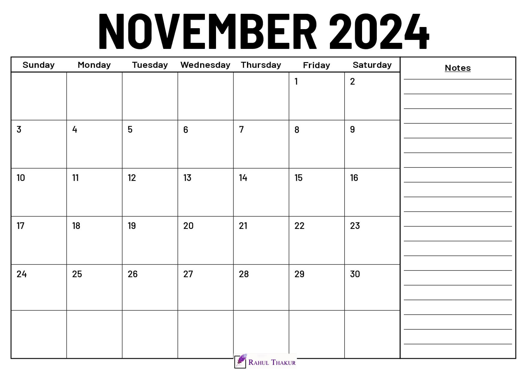 November 2024 Calendar With Notes