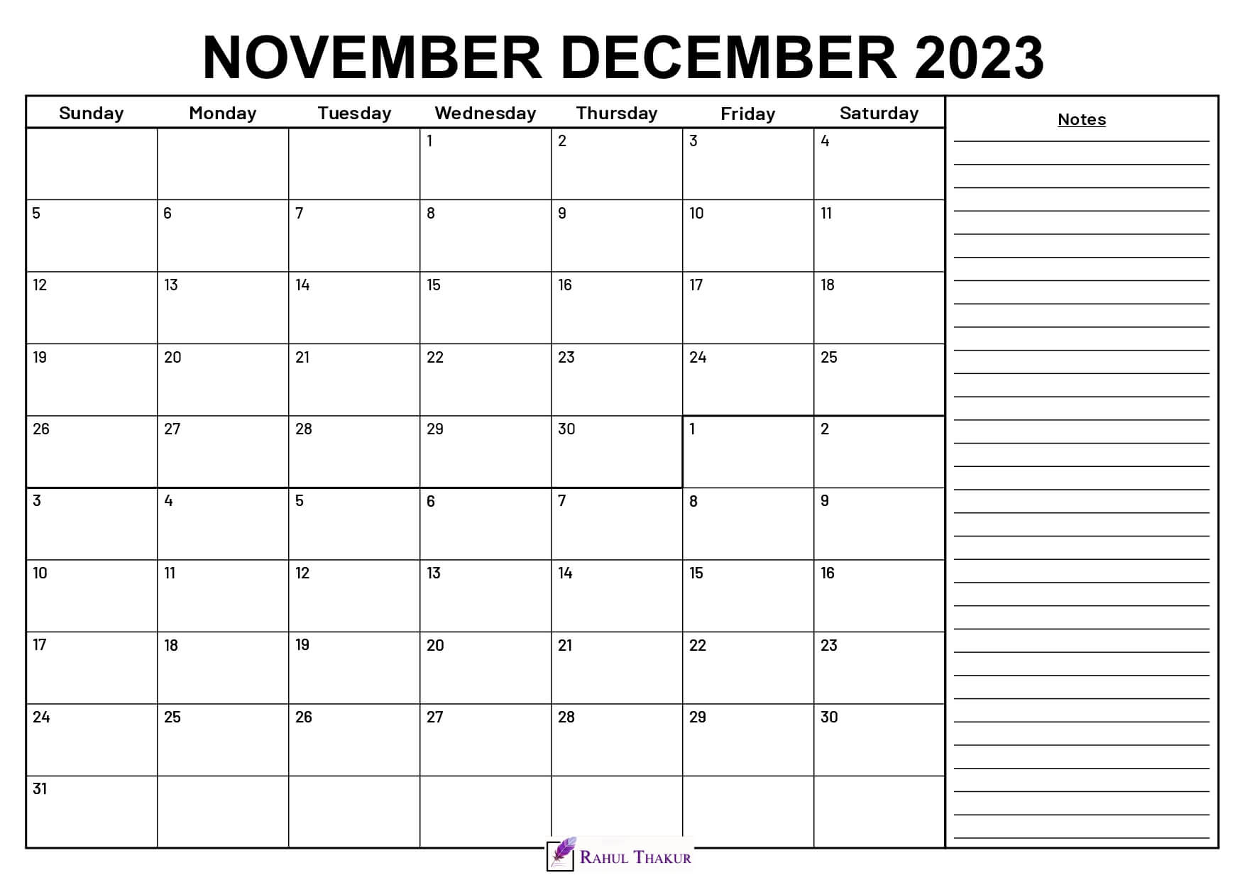 November December 2023 Calendar With Notes