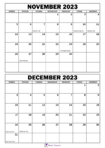 November December 2023 Calendar with Holidays