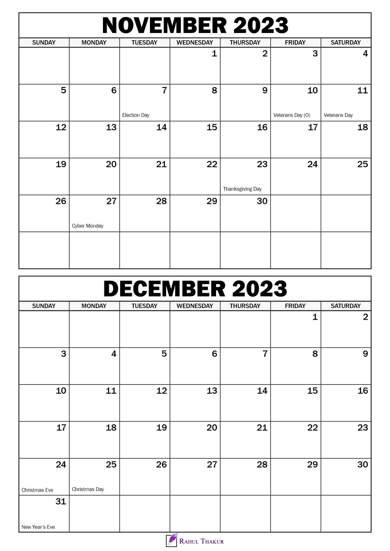 November December 2023 Calendar with Holidays