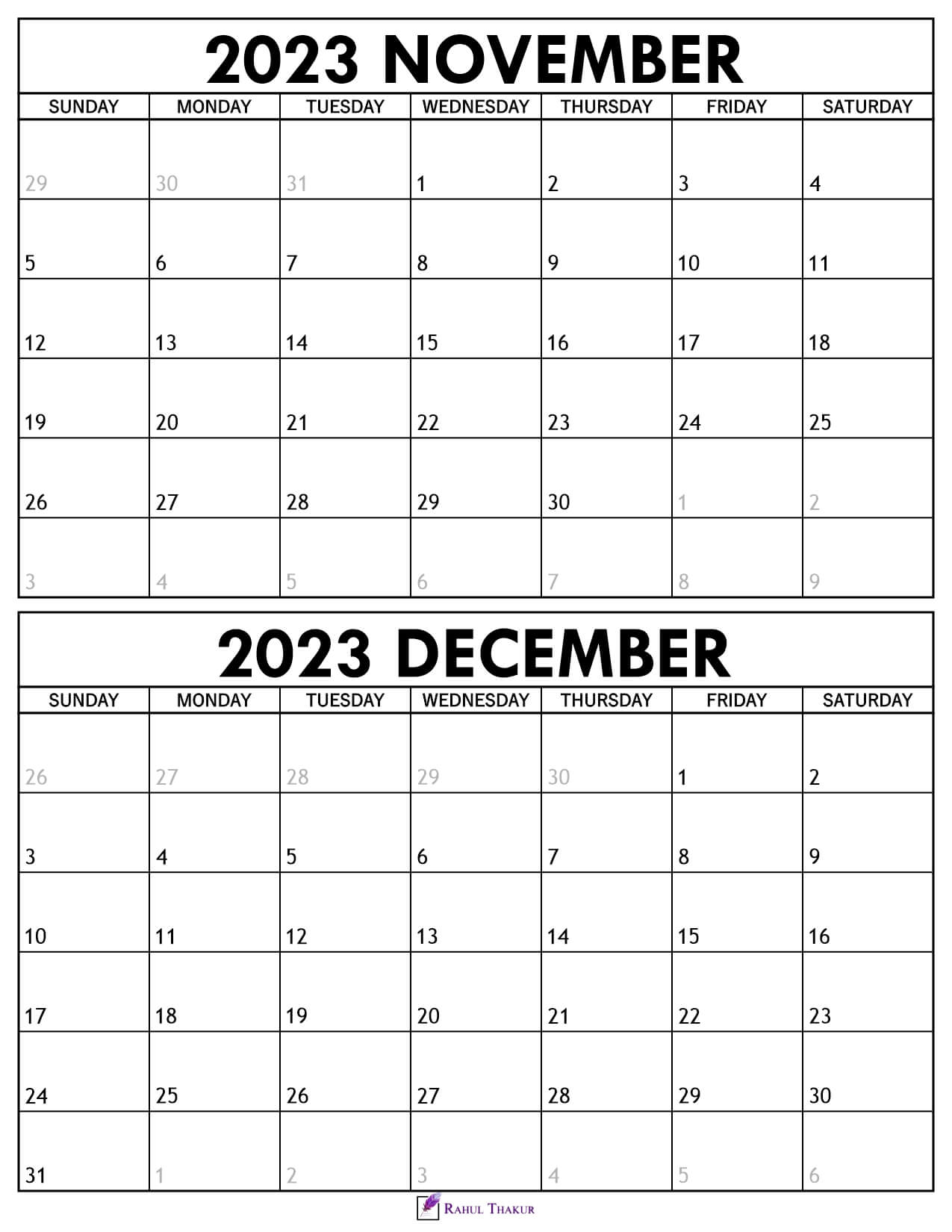Printable November December 2023 Calendar Template Thakur Writes