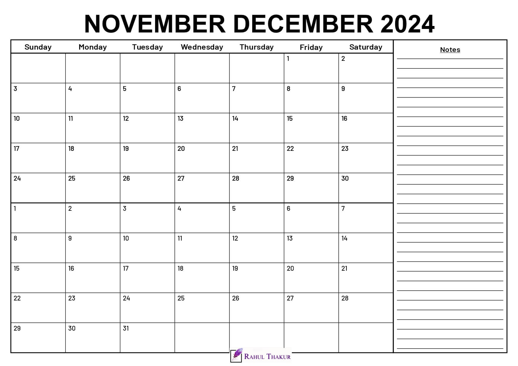 November December 2024 Calendar With Notes