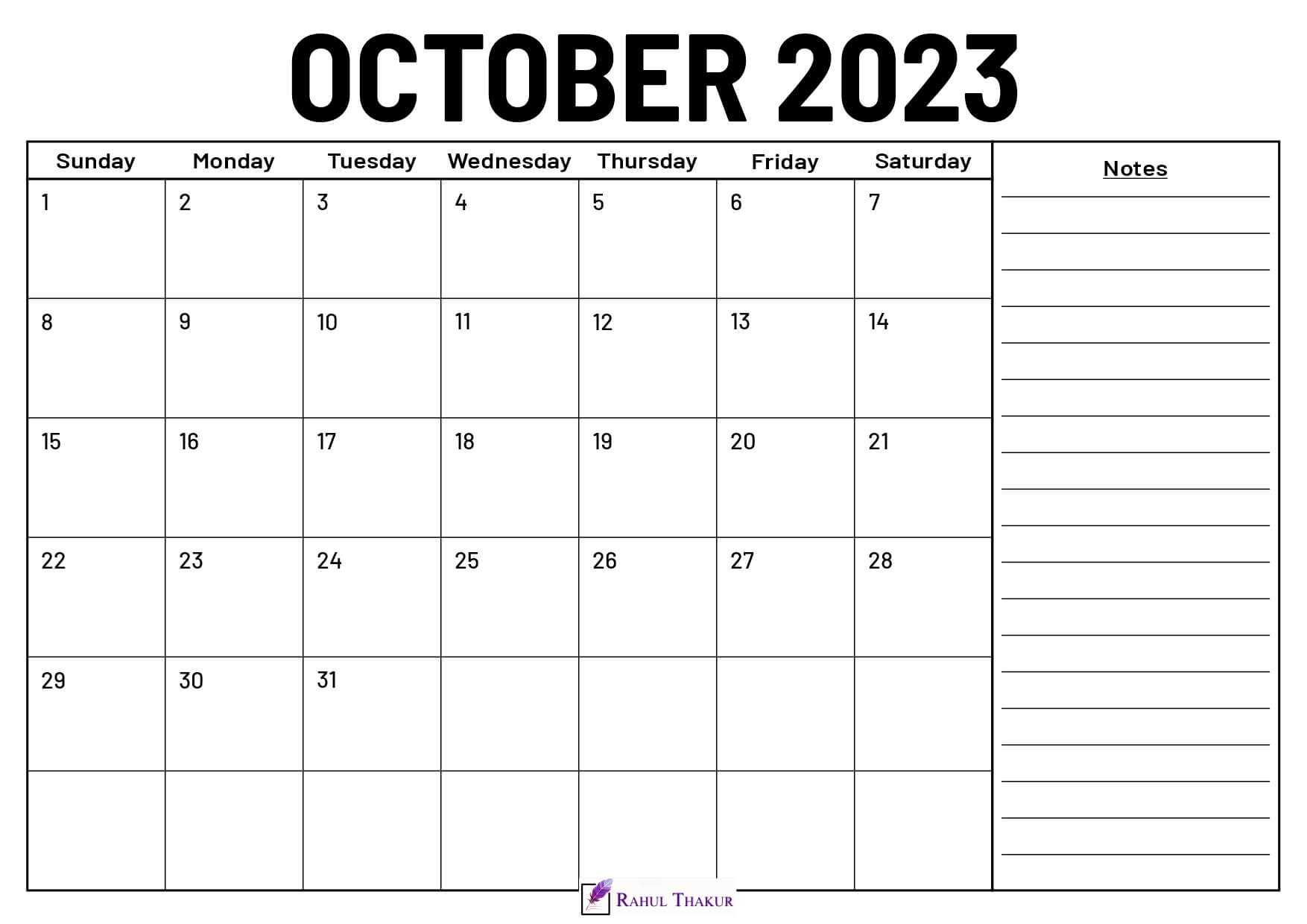 October 2023 Calendar With Notes