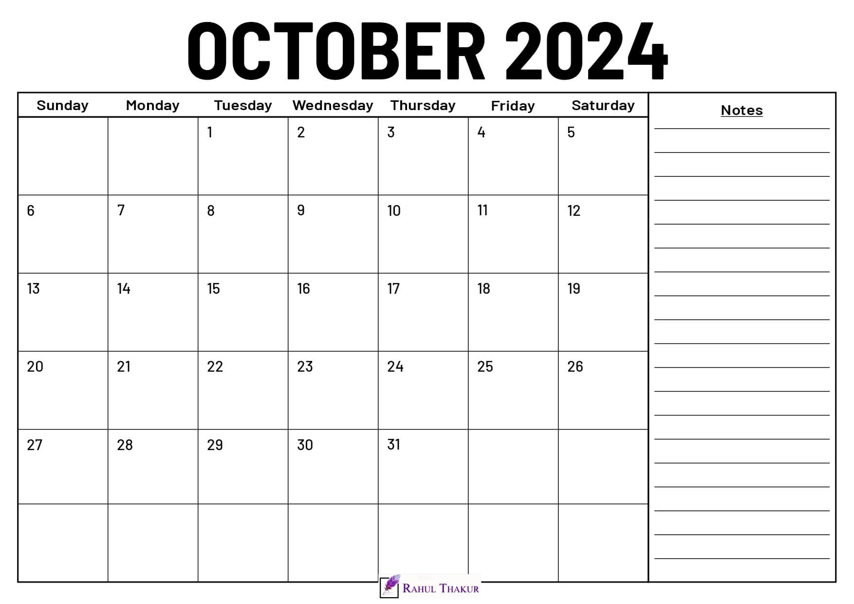 October 2024 Calendar With Notes