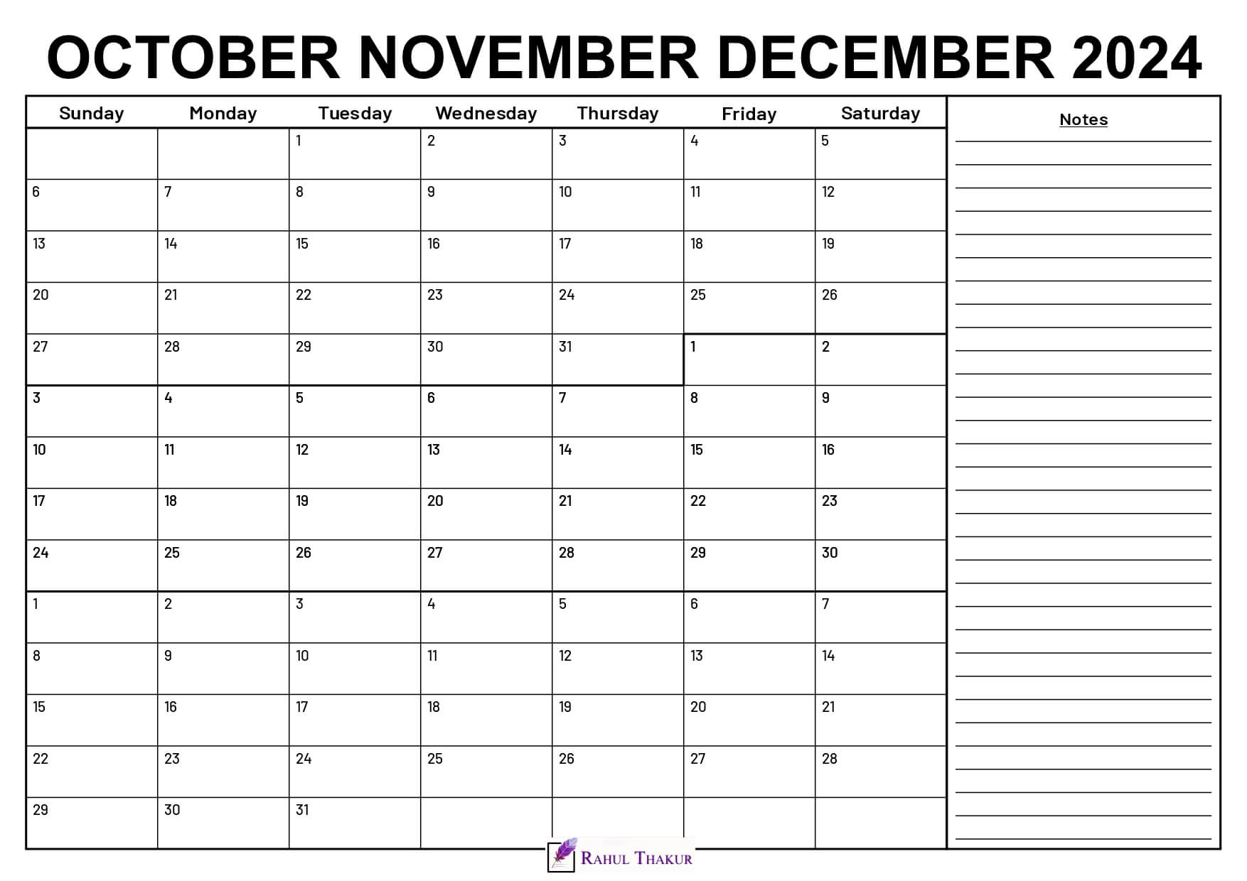 October to December 2024 Calendar With Notes