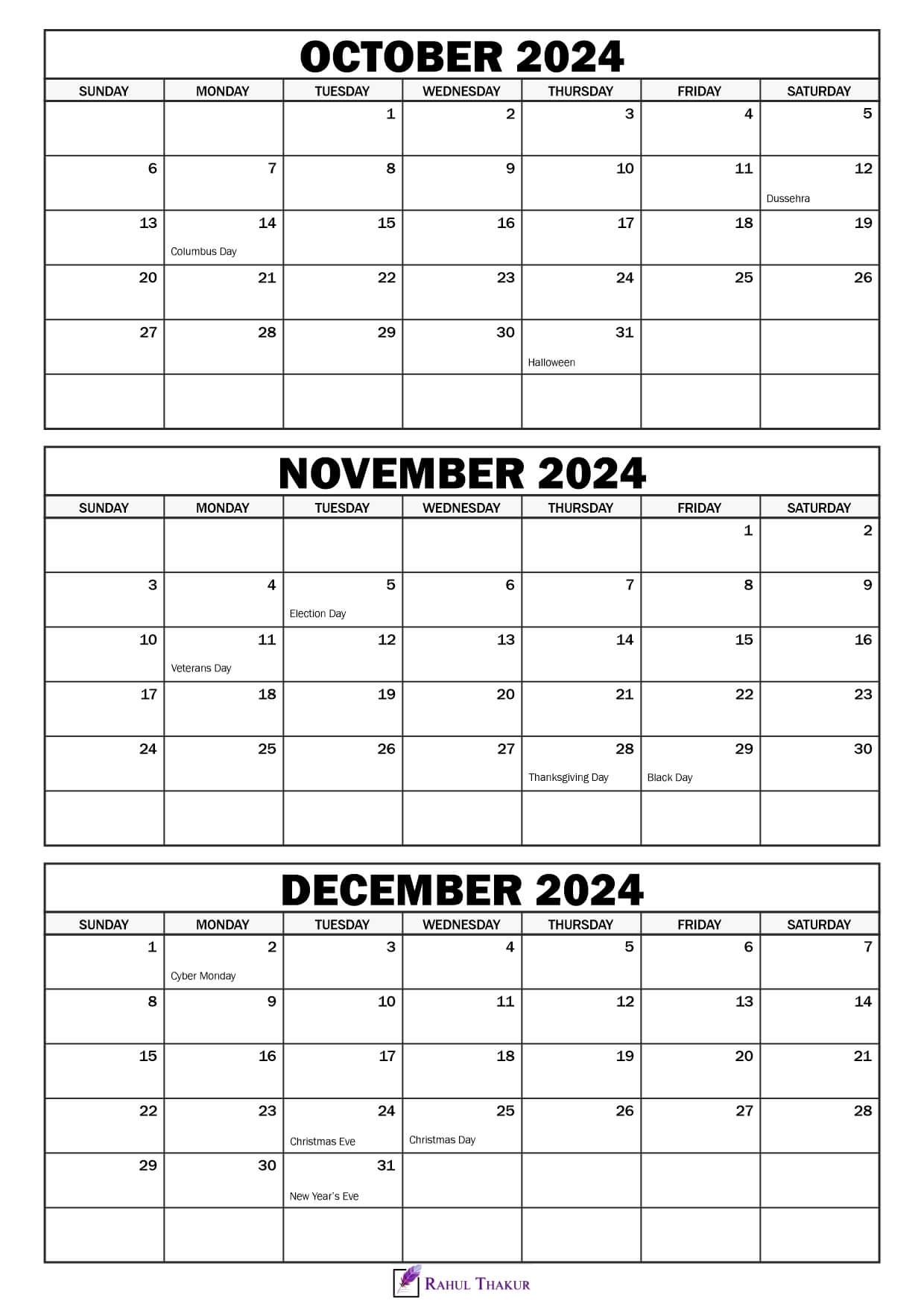 October to December 2024 Calendar with Holidays