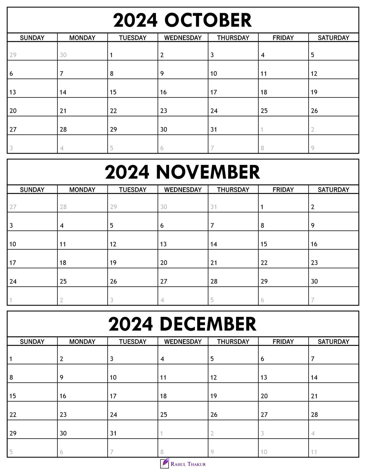 October to December 2024 Calendar