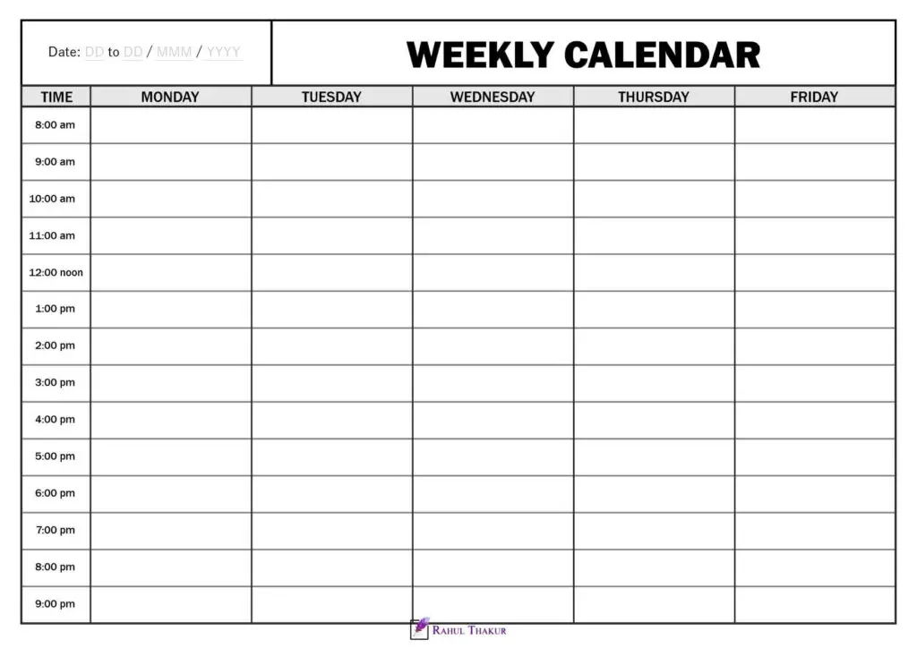 Printable 5 day Weekly calendar with time column