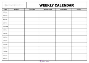 Printable 5 day Weekly calendar with time column