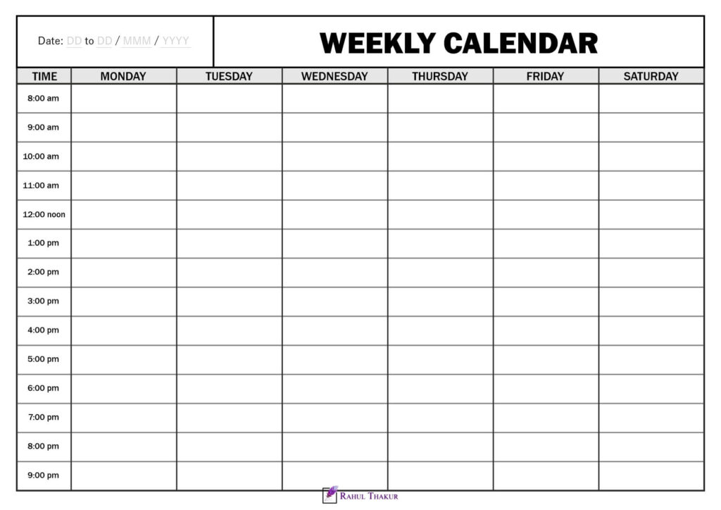 Printable 6 day Weekly calendar with time column