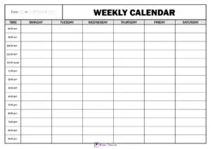 Printable 6 day Weekly calendar with time column