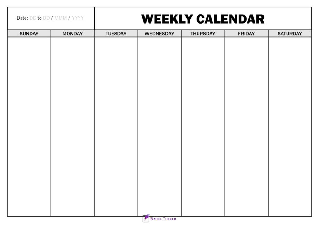 Printable 7 Day Weekly calendar