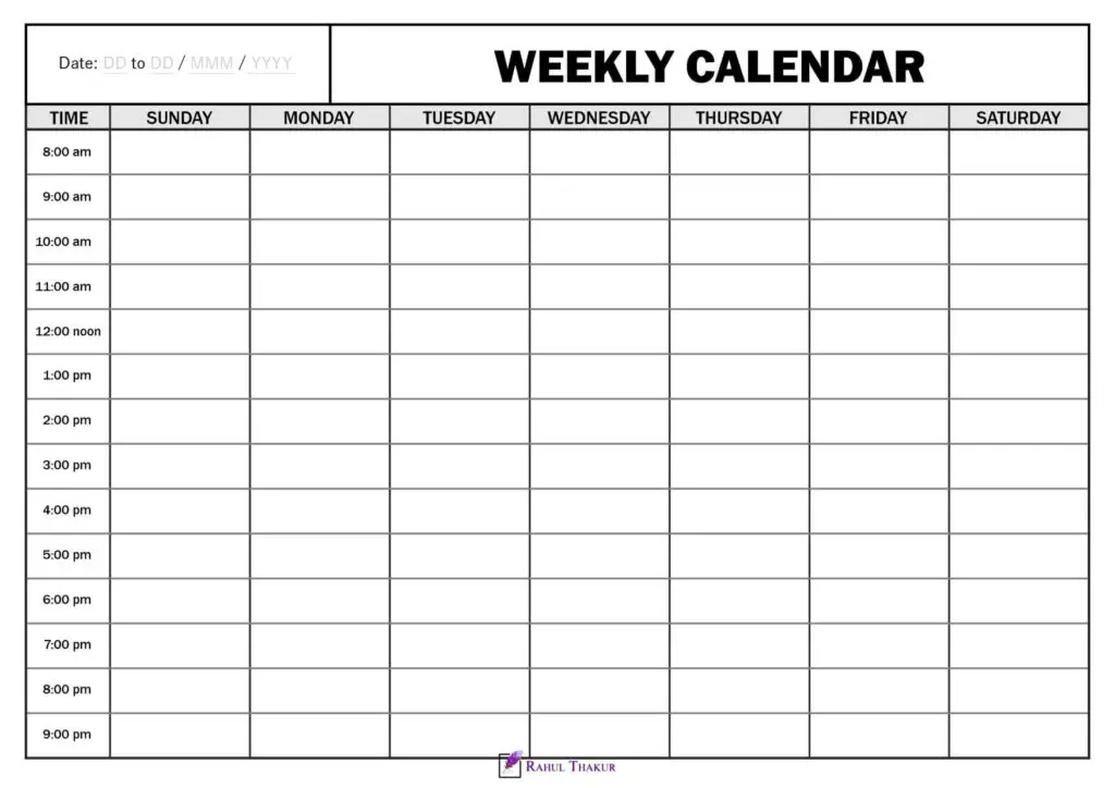 Printable 7 day Weekly calendar with time column