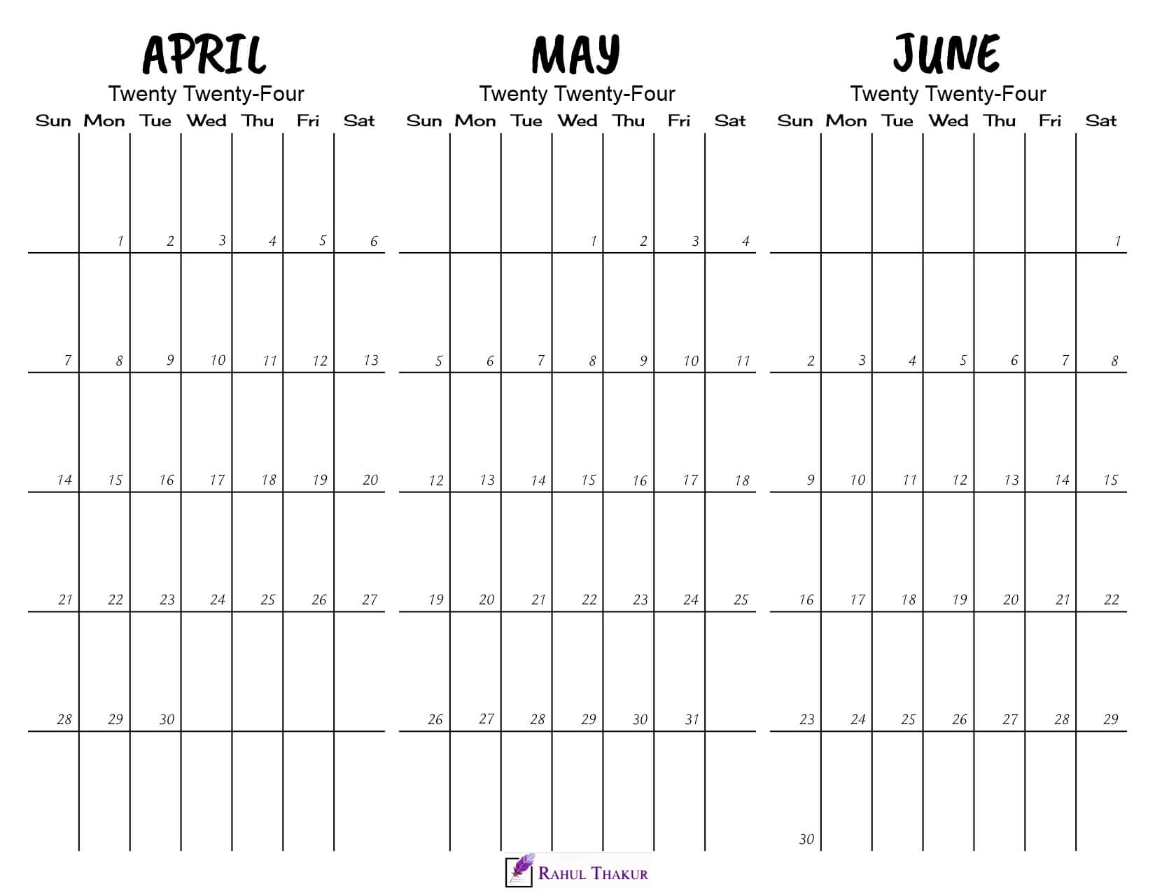 Printable April to June 2024 Calendar