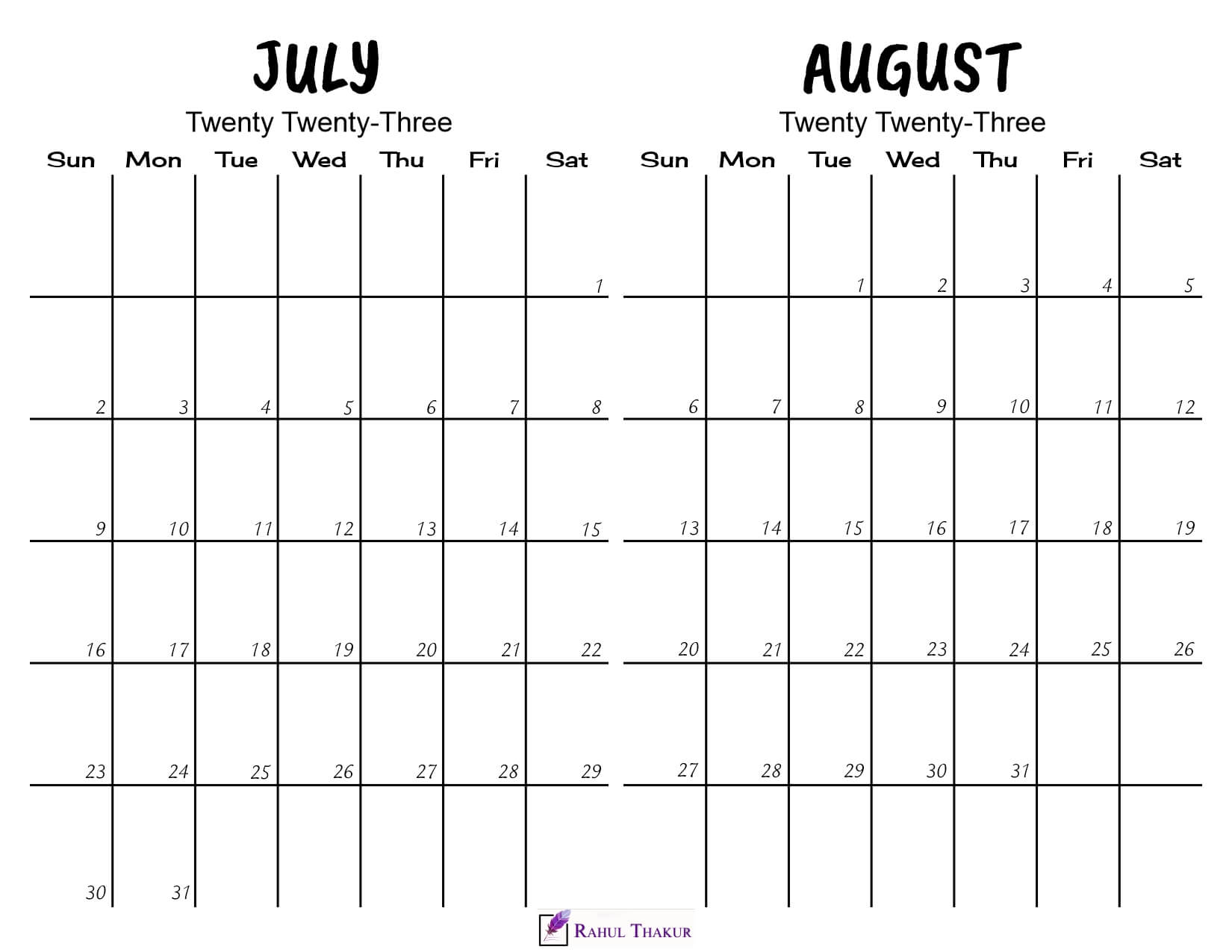 Printable July August 2023 Calendar Template Thakur Writes