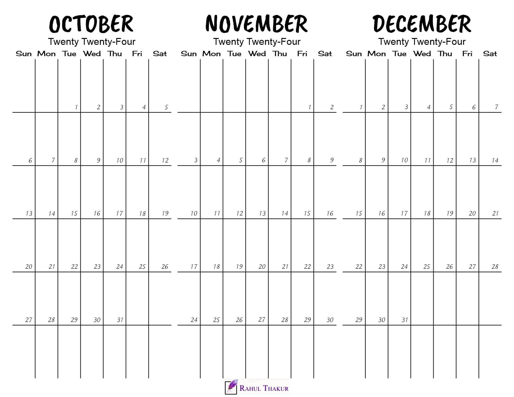 Printable October to December 2024 Calendar