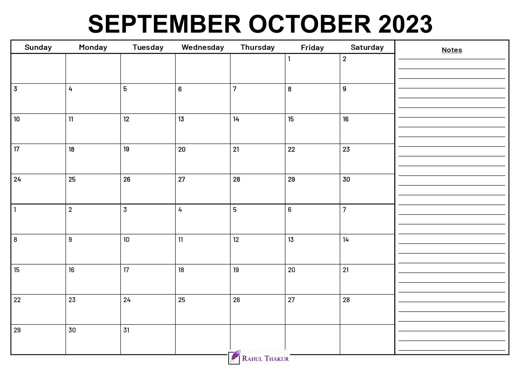 September October 2023 Calendar With Notes