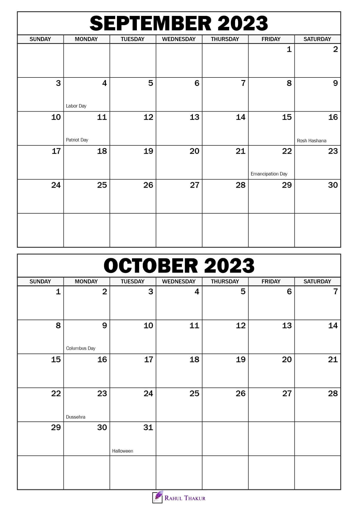 September October 2023 Calendar with Holidays