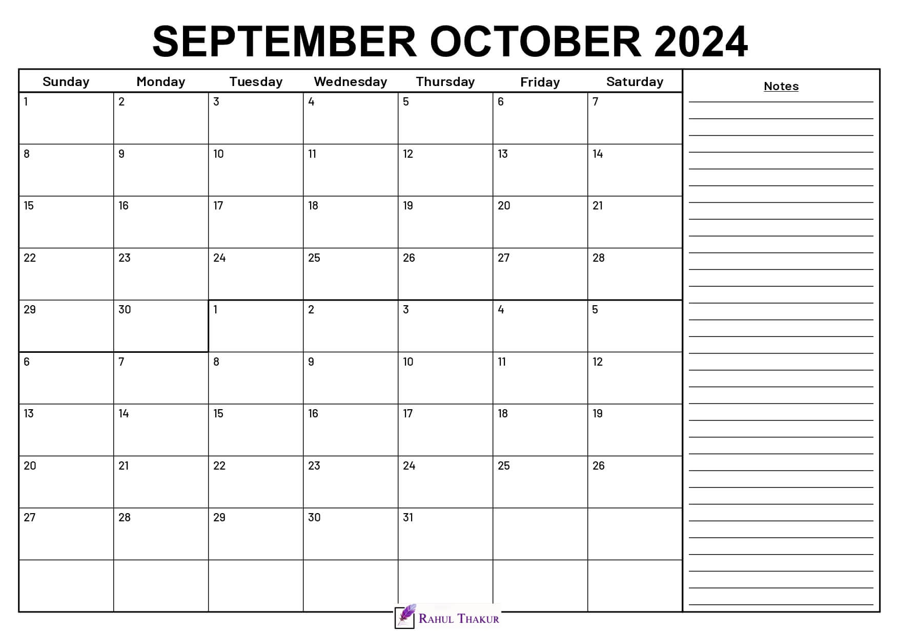 September October 2024 Calendar With Notes