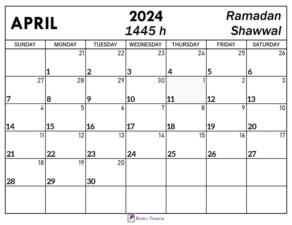 April 2024 Calendar with Hijri Dates Thakur Writes