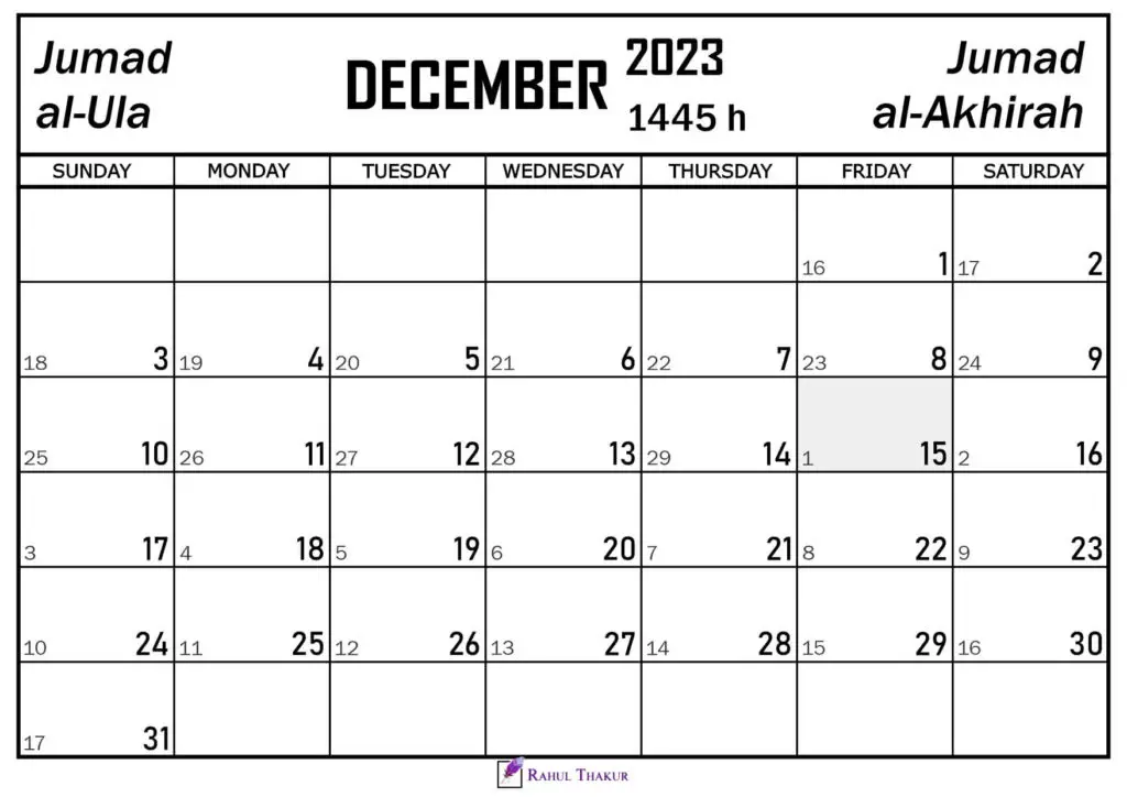 December 2023 Calendar with Hijri Dates Thakur Writes