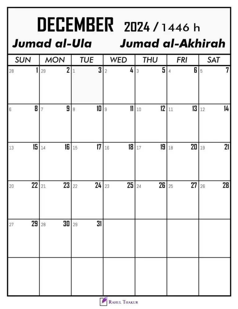 December 2024 Calendar with Hijri Dates Thakur Writes