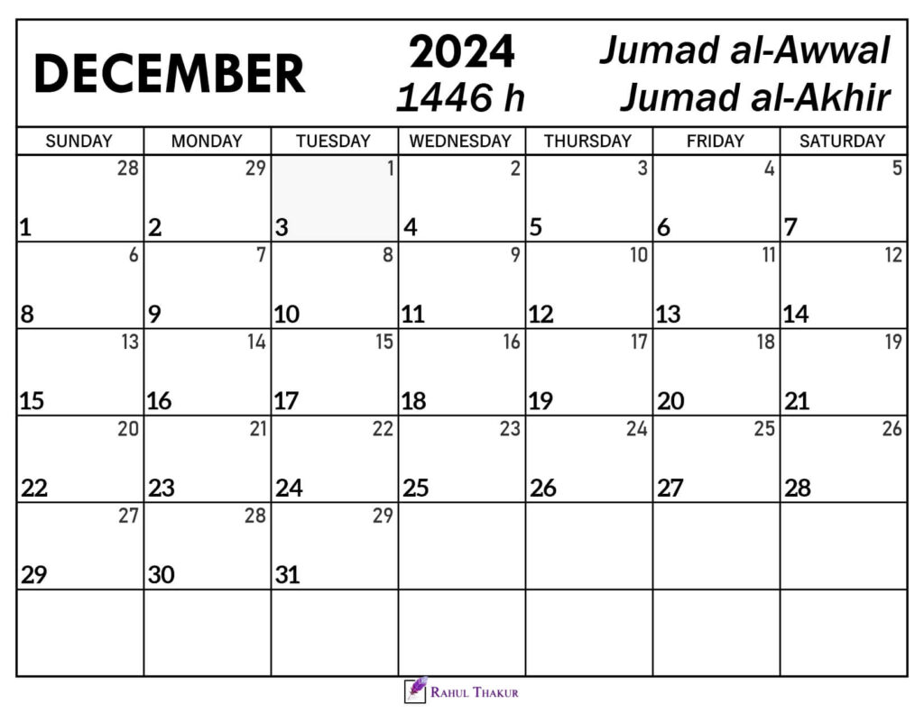 December 2024 Calendar with Hijri Dates Thakur Writes