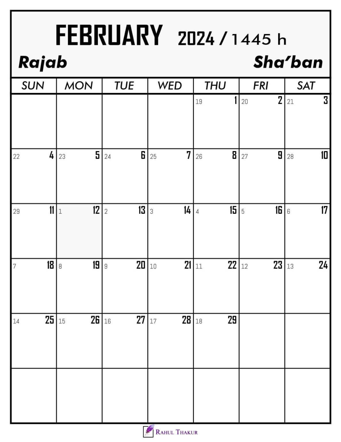 February 2024 Calendar with Hijri Dates Thakur Writes