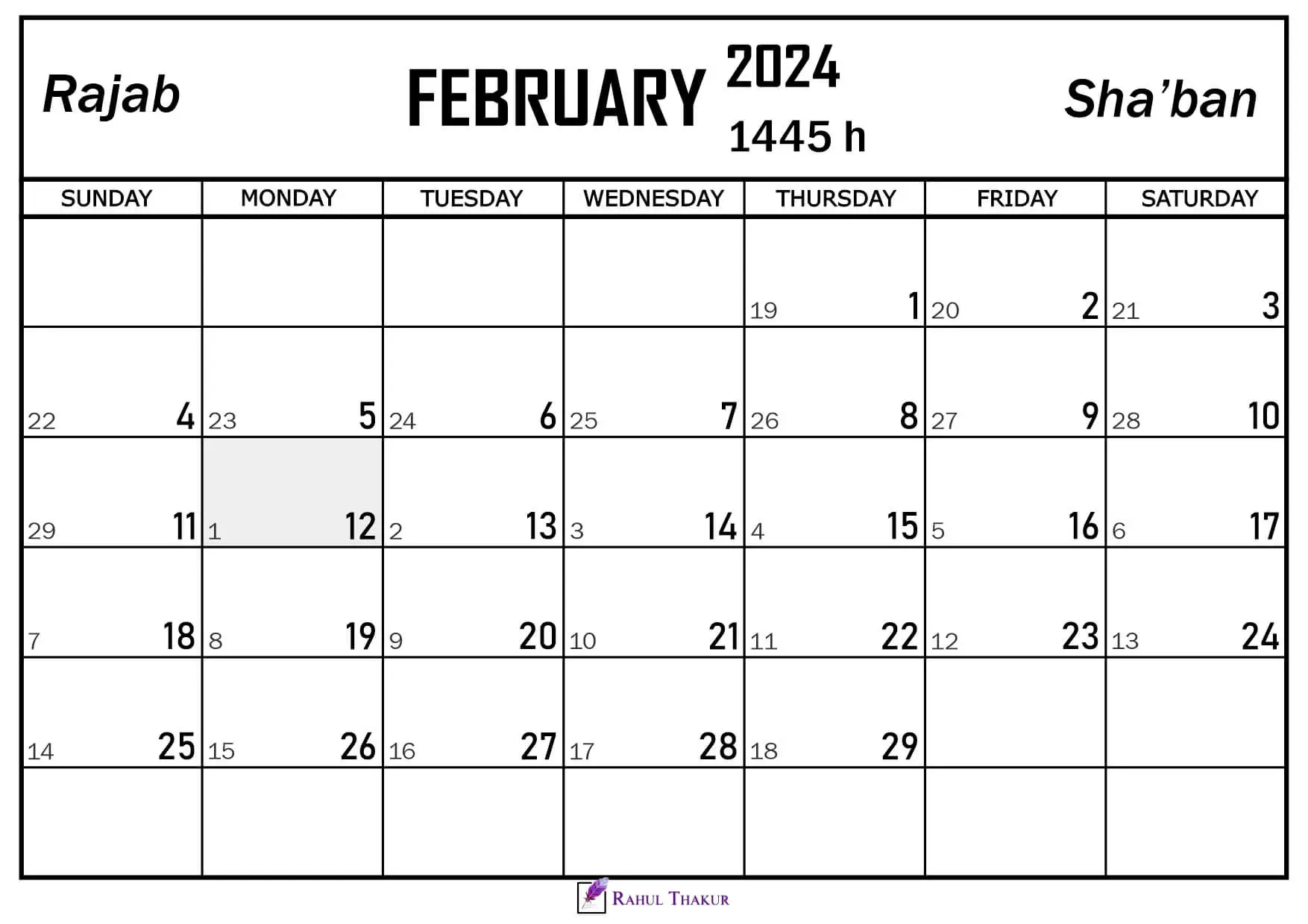 February 2024 Calendar with Hijri Dates Thakur Writes