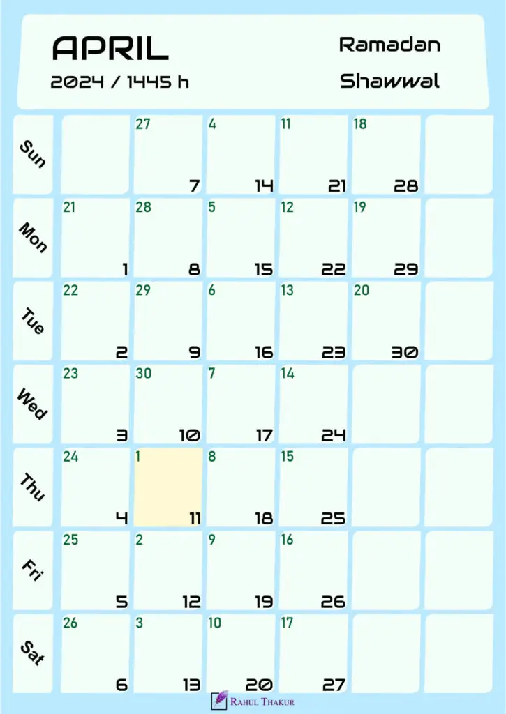 Hijri Calendar for April 2024
