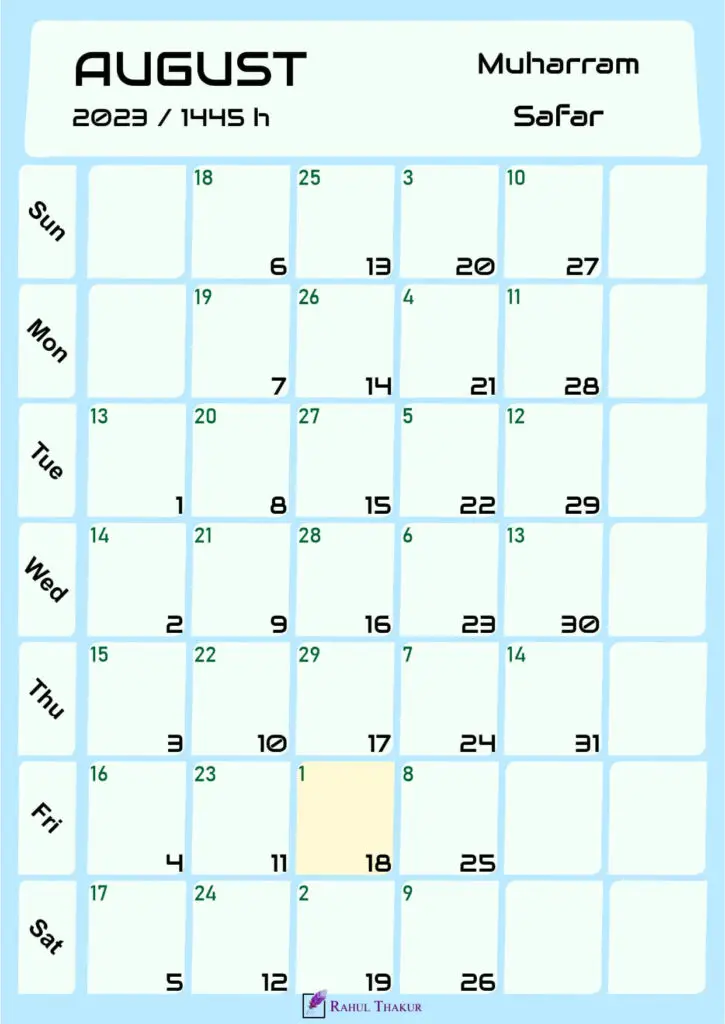 Hijri Calendar for August 2023