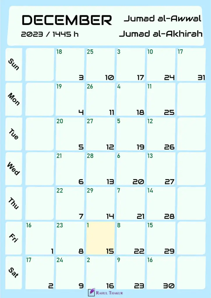 Hijri Calendar for December 2023