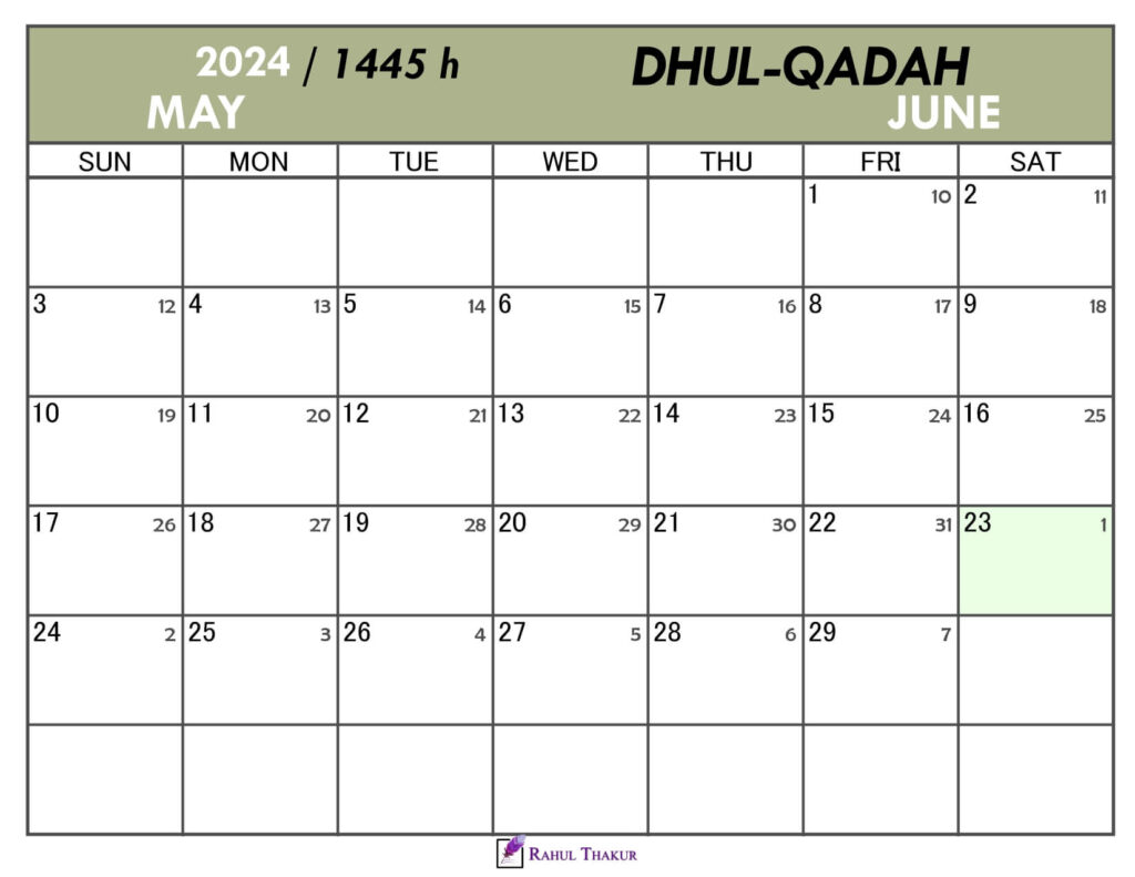 Hijri Calendar for Dhul Qadah 1445