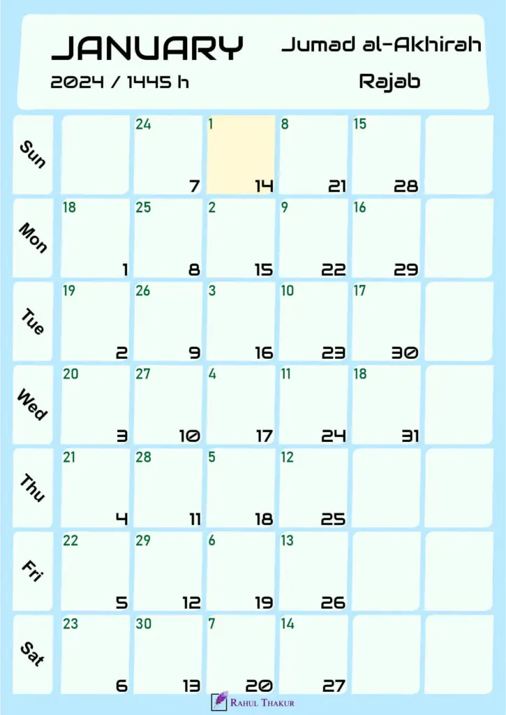 Hijri Calendar for January 2024