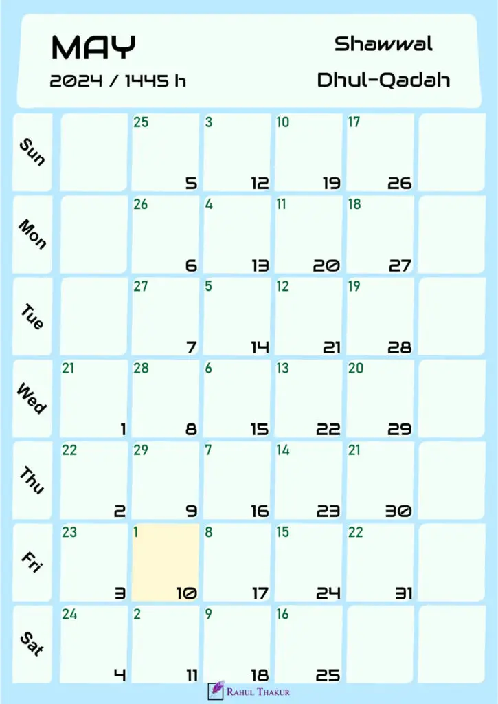 Hijri Calendar for May 2024
